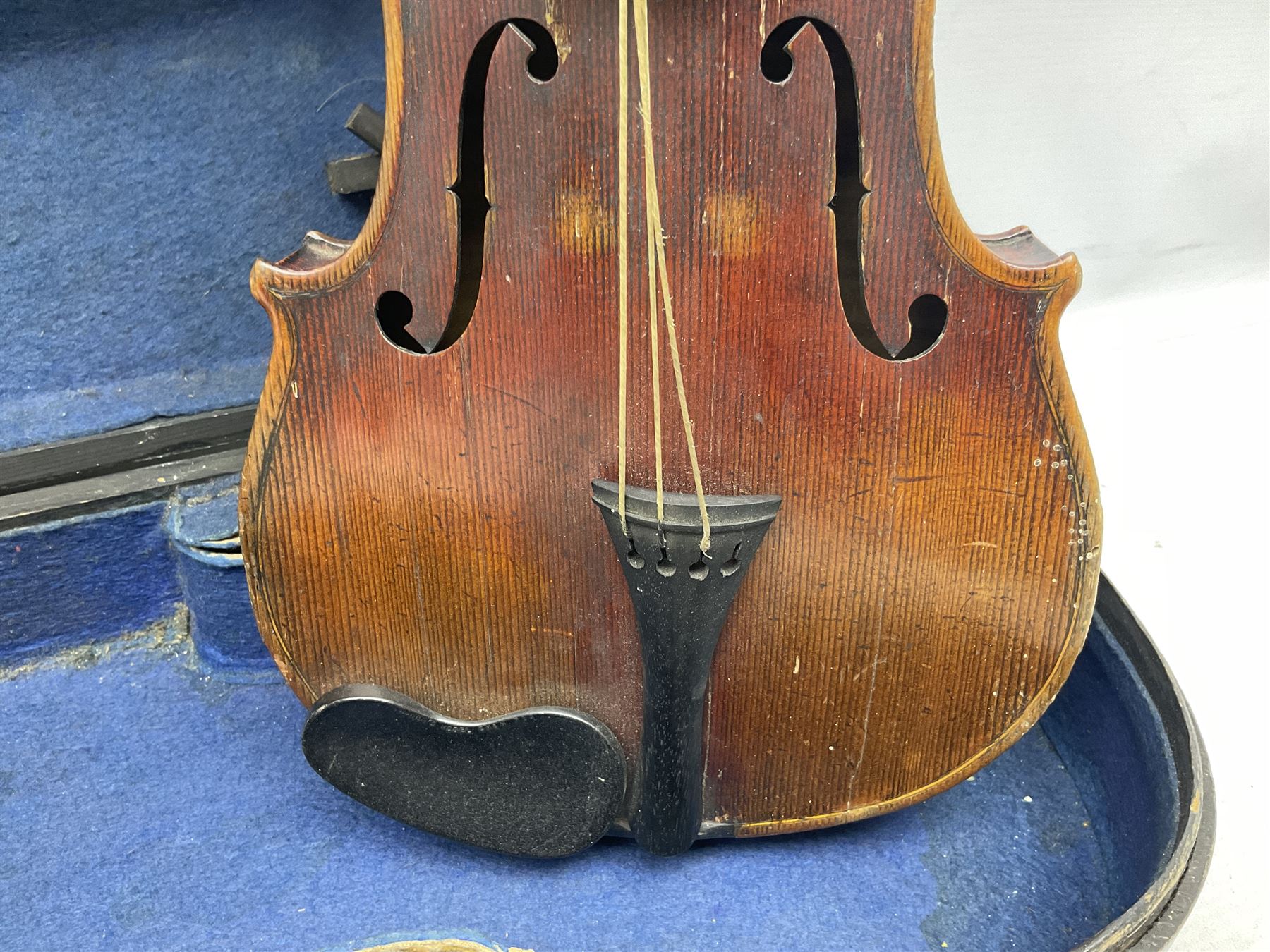 Late 19th century French three-quarter size 'Conservatory' violin with 34cm two-piece maple back and ribs and spruce top, the peg box inscribed 'Conservatory Violin Straduari', bears label 'Antonius Stradiuarius Cremonensis Faciebat Anno 1721' L55.5cm overall; in ebonised wooden 'coffin' case