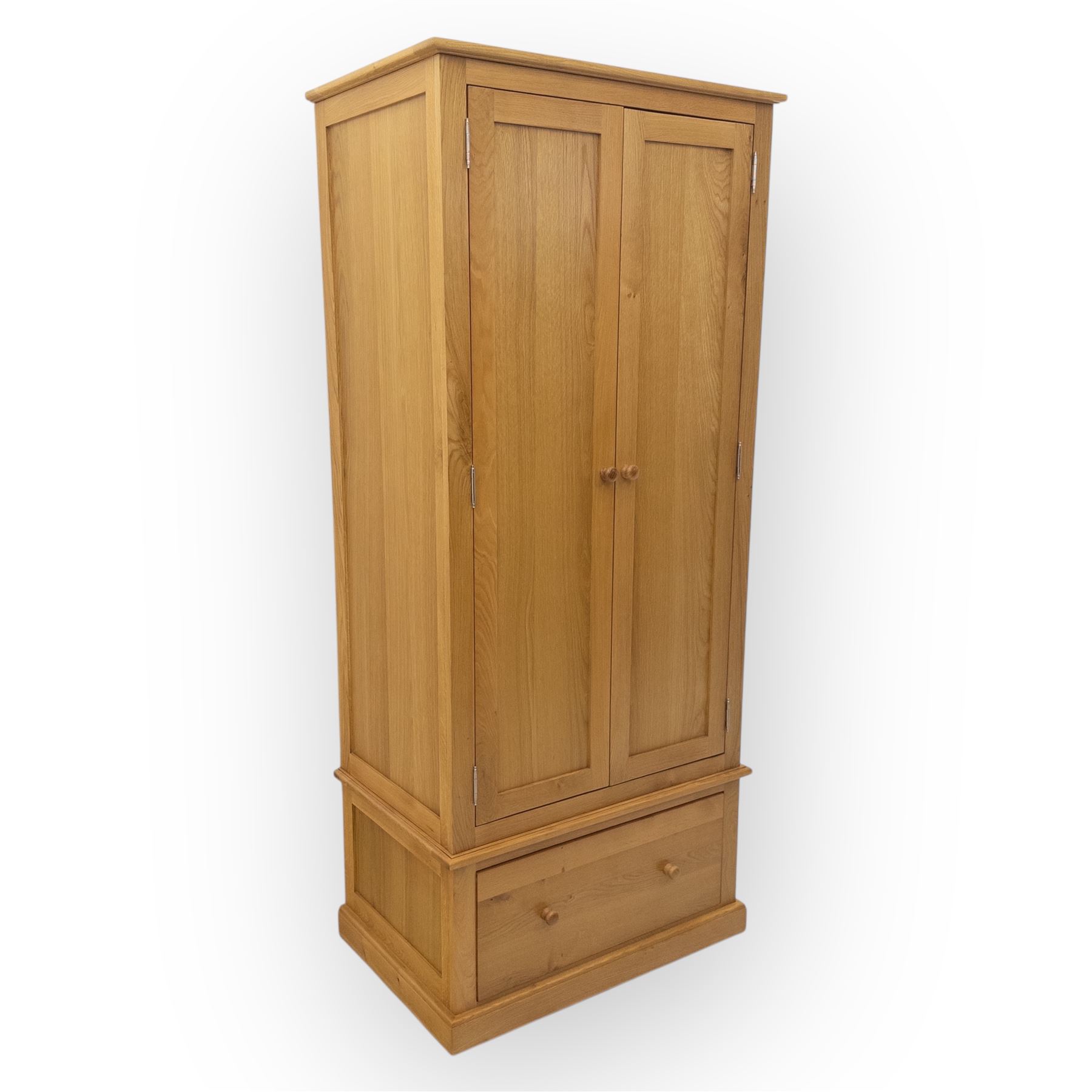 Cotswold & Co - contemporary light oak double wardrobe, plain rectangular form with twin panelled doors enclosing hanging interior, single full-width drawer below fitted with wooden knobs, on moulded plinth base