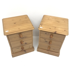 Pair pine bedside chests, three drawers, plinth base, W46cm, H62cm, D44cm