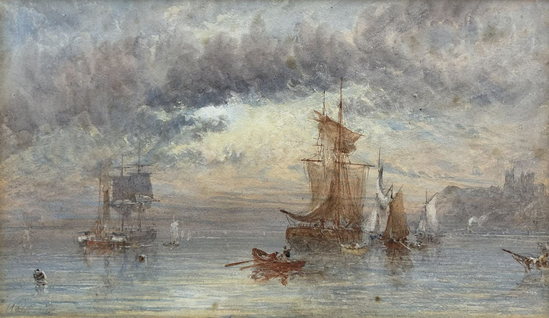 George Weatherill (British 1810-1890): Shipping Off Whitby at Sunset, watercolour signed 12cm x 20cm