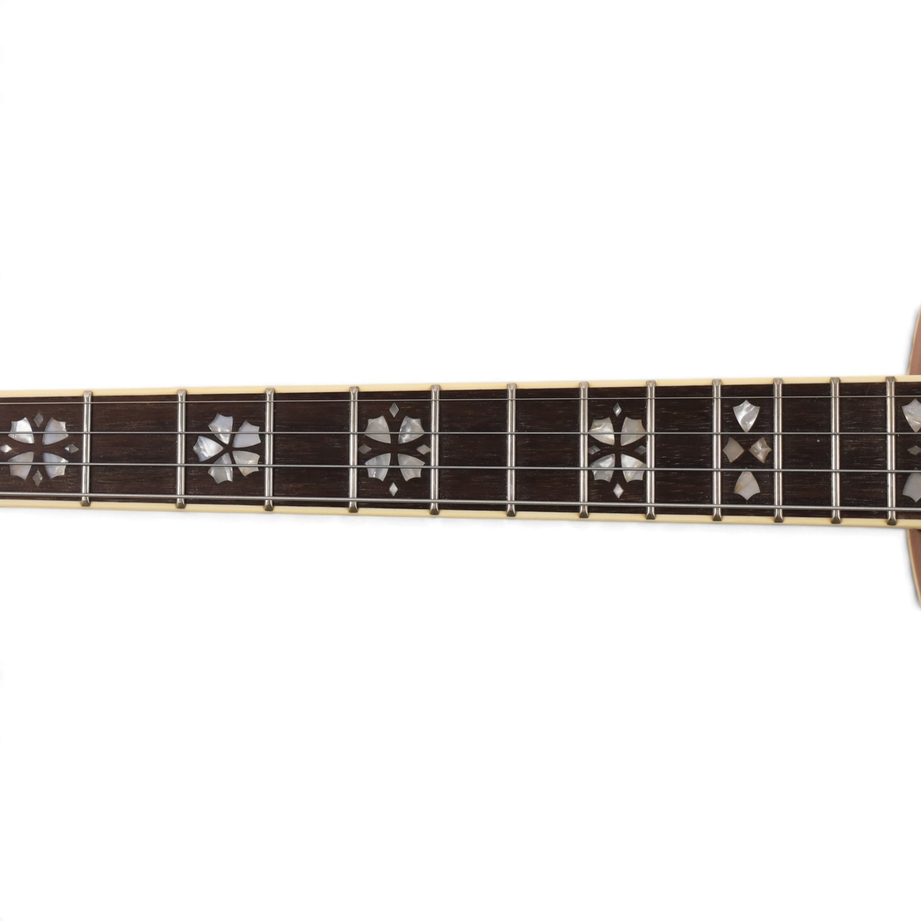 Barnes & Mullins Troubadour four string banjo, with Remo head and mother of pearl inlay to fretboard, in cardboard box, banjo L80cm