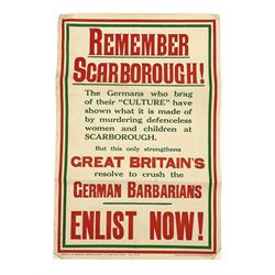 WWI Recruiting poster 'Remember Scarborough', Published by the Parliamentary Recruiting Committee London and printed by Harrison & Sons, unframed and rolled, 75cm x 50.5cm 