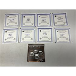 Wedgwood limited edition Clarice Cliff Design Taking Tea collection, comprising eight cups and saucers Honolulu, Apples, Gibraltar, Lilac Crocus, Trees and House, Coral Firs, Devon, and Sunray, with certificates of authenticity 