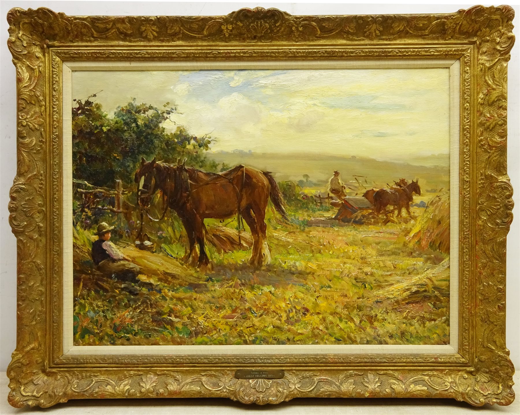 Ernest Higgins Rigg (Staithes Group 1868-1947): The Harvest Field with Horse Drawn Binder, oil on canvas signed 44cm x 59cm