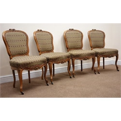  Set four 19th century mahogany framed dining chairs, floral carved cresting rail, upholstered back and seat, carved cabriole legs, W50cm  