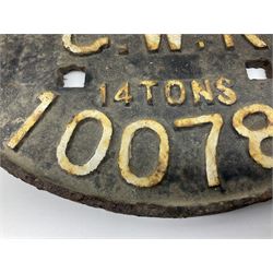 Three cast iron railway wagon plates of D shaped form to include Southern Railway, LMS and GWR, L27.5cm