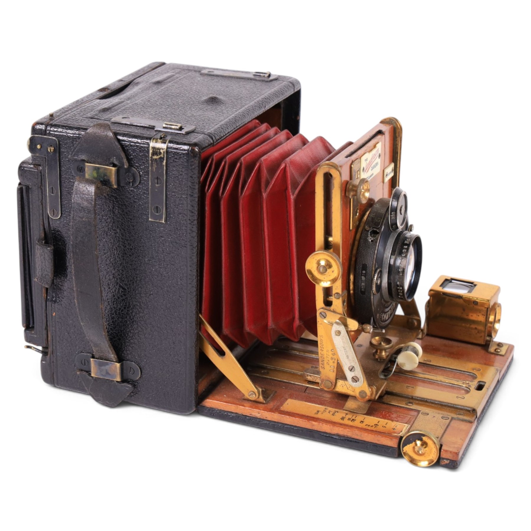 The Sanderson Camera, mahogany and brass plate camera, featuring ivorine name plaques, with Compur DRG DRGM lens, serial no. 258646