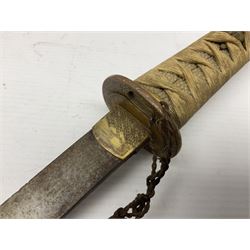 Japanese tanto dagger with 25cm single edged blade, gilded plain punched tsuba, cord bound ray skin grip incorporating menuki and ornate gilded metal mounts L39cm overall