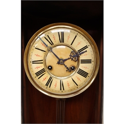  Victorian Vienna walnut wall clock with eagle cresting, Roman dial and twin train movement striking the half hours on a gong, H111cm  