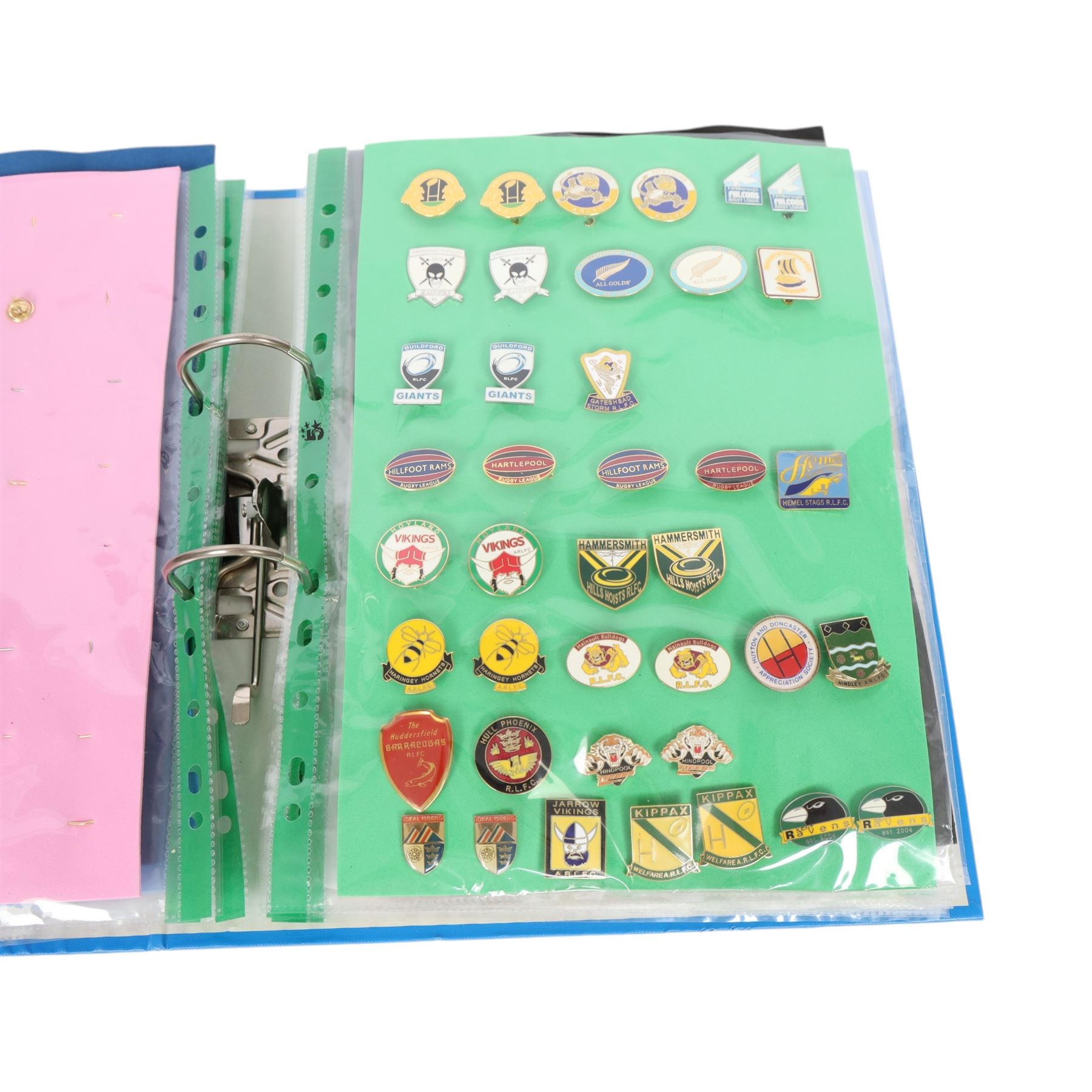 Amatuer Rugby League club enamel badge collection, from teams including Hull Wyke, Sheffield Forgers, London Griffins, Medway Dragons, Hillfoot Rams, Fife Lions, Conwy Celts, Carluke, Devon Sharks, Brotherton Bulldogs, Aspatria Hornets, Army XIII, Bristol Sonics, etc, housed in one folder, (approximately 320)