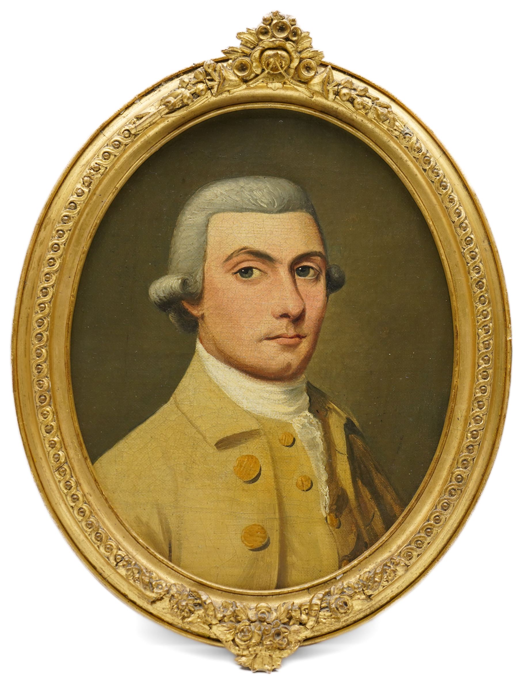 English School (Late 18th century): Portrait of Benjamin Mather (1753-1821) and his Wife Sarah Perry (1755-1788), pair oval oils on canvas laid onto board with family history verso , together with the original bodice worn by Perry in the painting, and her associated 9ct gold and black enamel 'Regard' mourning ring, with plaited hair shank, 25cm x 19cm (2)

Notes: The sitters belong to the extended Mather family of Lancashire, a lineage of considerable historical significance on both sides of the Atlantic. The family traces back to Richard Mather (1596-1669), a prominent Puritan minister who emigrated from England to New England in 1635, becoming a founding figure in early colonial Massachusetts. His descendants in America included his son Increase Mather (1639-1723), President of Harvard College, and his grandson Cotton Mather (1663-1728), one of the most influential theologians and writers of early American history.

The present sitters descend from a parallel English branch of the same family. Benjamin Mather married Sarah Perry in London in 1776. Sarah Perry died in 1788 aged 33 and was buried at Wellingborough, Northamptonshire. This branch of the family remained in England, while their close relations established the prominent New England Mather dynasty.

The remainder of the extensive related family ephemera, including indentures and other documents dating from the 17th century onwards, will be offered for sale in our Maps, Antiquarian Books & Ephemera auction on 24th July.