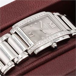 Patek Philippe Twenty~4 ladies stainless steel quartz wristwatch, sunburst grey dial with Roman numeral and diamond dot hour markers and diamond set case, on original bracelet, with fold-over clasp boxed