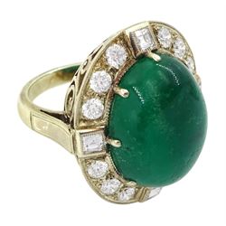 Gold emerald and diamond ring, the central oval cabochon emerald, with sixteen round and rectangular cut diamond halo surround by Judith Crowe, hallmarked 9ct, emerald 20.00 carat, total diamond weight 2.00 carat, with World Gemological Institute report