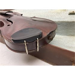 Late 19th century French violin for restoration and completion with 36cm two-piece maple back and ribs and spruce top L59.5cm overall; and modern Hungarian violin; both cased (2)