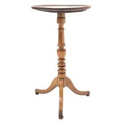 Early 19th century tripod table, circular dished mahogany top with moulded edge on fruitwood stem, three splayed ash supports