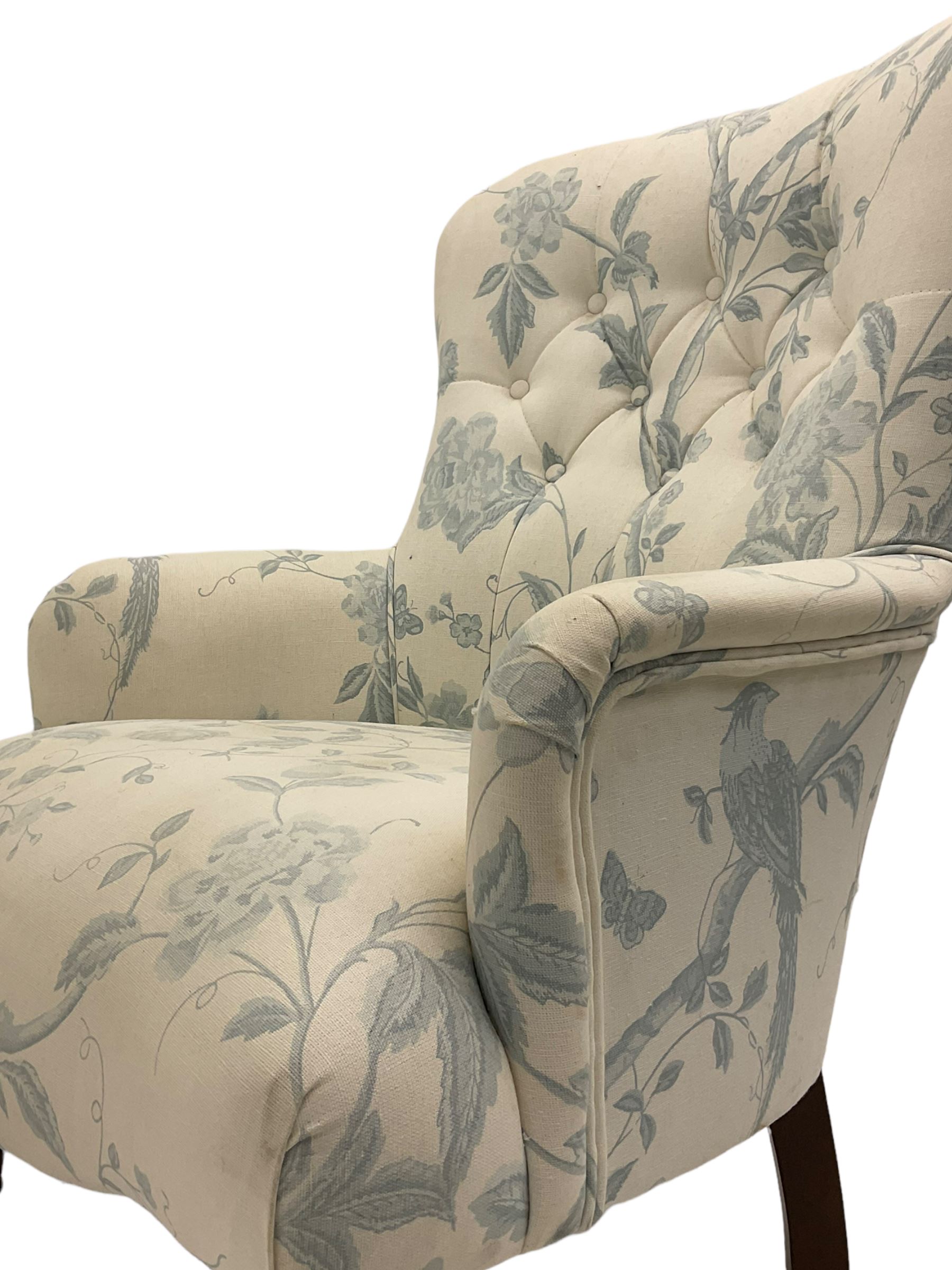 Victorian style bedroom chair, upholstered in light fabric decorated with birds and foliate, turned front feet