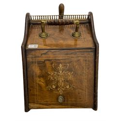 Edwardian inlaid rosewood fall front coal box, brass gallery with fitted shovel