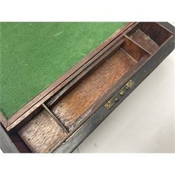Victorian walnut and parquetry banded work box with brass shield and escutcheon, L30cm, together with mahogany writing slope with green baize writing surface, L35cm