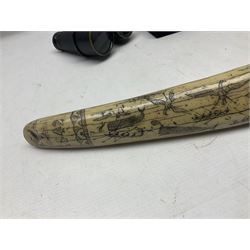 Horn handled magnifying glass and letter opener cased set, replica Scrimshaw in the form of a tusk titled The Ship Charles W Morgan New Bedford and pair of binoculars