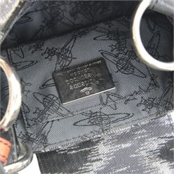 Vivienne Westwood shoulder handbag, the canvas body with black and grey animal print design, with tan and black leather studded borders, shoulder strap and heart charm, the clasp and buttons with Vivienne Westwood logo, with single slip pocket to the interior, with Vivienne Westwood dust bag, H16cm, W23cm
