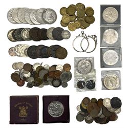 Great British and World coins, including two William IIII 1834 halfcrowns, King George VI 1951 crown, various commemorative crowns, South Africa 1892, 1896 and 1897 one shilling coins, United States of America 1861 quarter dollar, German States Prussia 1914 five marks etc, housed in a vintage cash tin