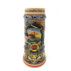 Early 20th century German reservists Beer stein marked SMS Schlesien, Kiel 1911-14, Reserve Hat Ruh, with relief moulded shields and Naval motifs, H24cm   