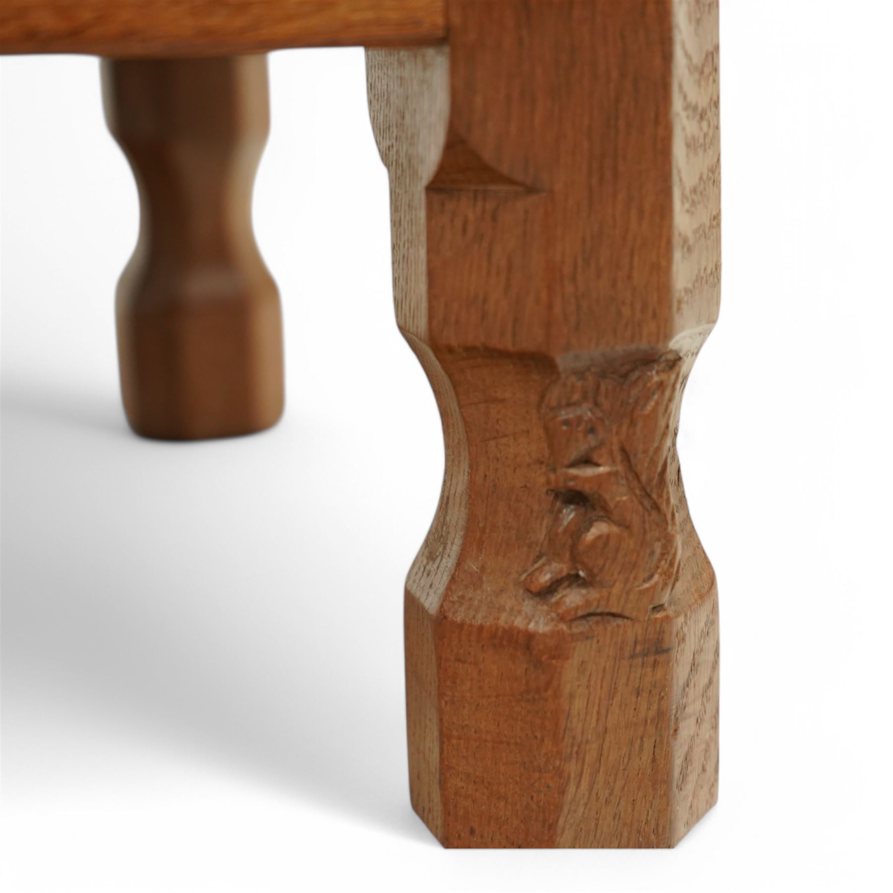 Squirrelman - oak six panel blanket box, on octagonal feet, squirrelman carving on the feet by Wilfred Hutchinson, Husthwaite, Thirsk