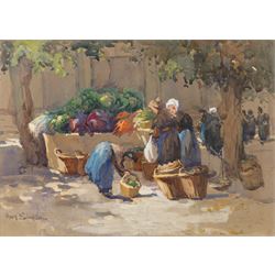 Mary Goudie Simpson (British 1869-1934): 'Vegetable Stall - Bruges', gouache signed, titled verso; Jean Fletcher (British 20th Century): 'St Anne's Square', mixed media signed and dated '95; together with two still lifes, oils on board signed K T and L I Warburton one dated 1906 max 45cm x 45cm (4)