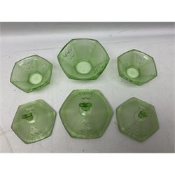 Czech uranium glass dressing table set, comprising twin handled tray, pair of candlesticks, three lidded jars and ring holder dish, and a blue Finnish Riihimäki glass, tray L35cm