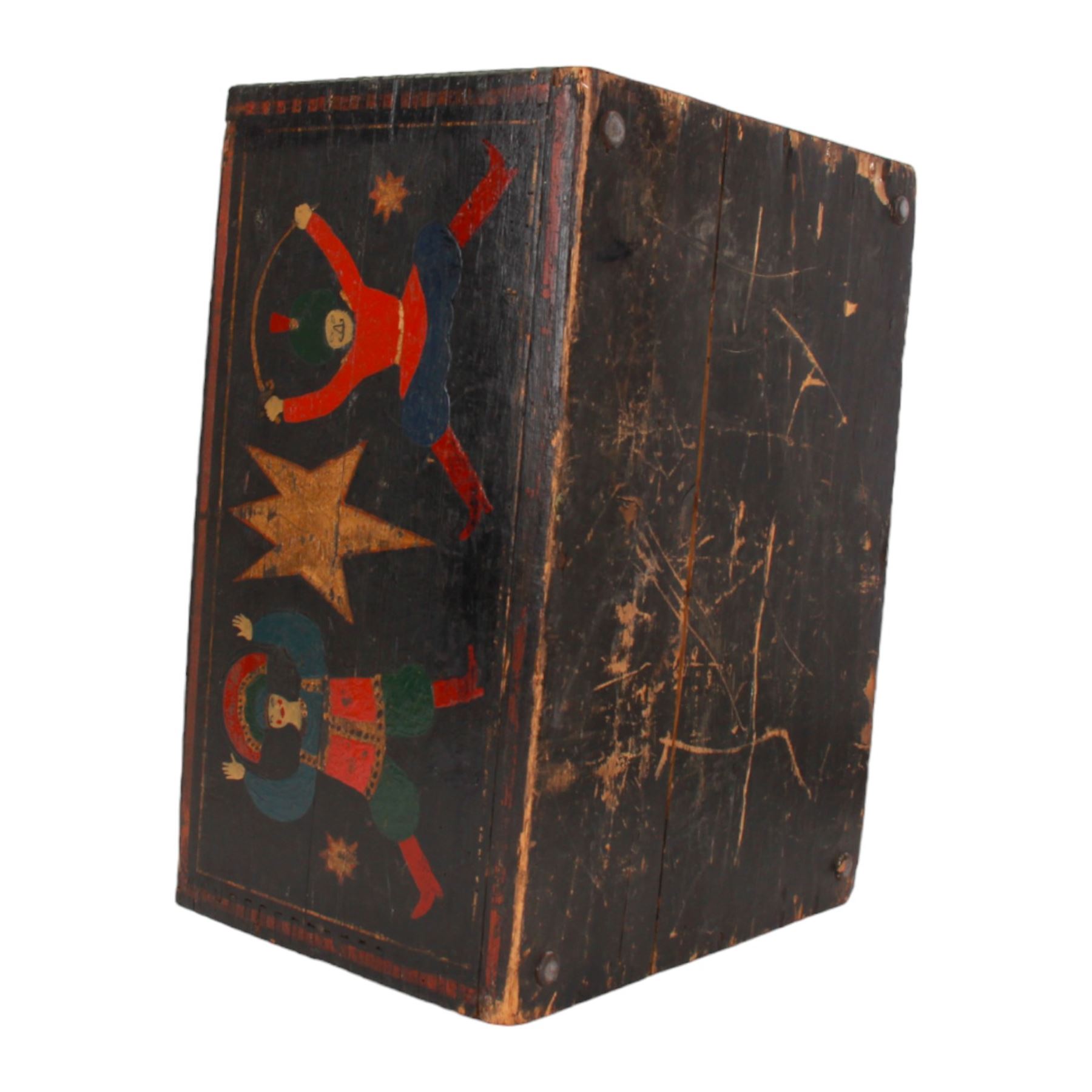 20th century folk art chest, of rectangular form, the front and back painted with dancing figures and stars in polychrome, the sides with conforming stars, upon a black painted ground, with removable leather upholstered top, H30cm W46cm D35cm