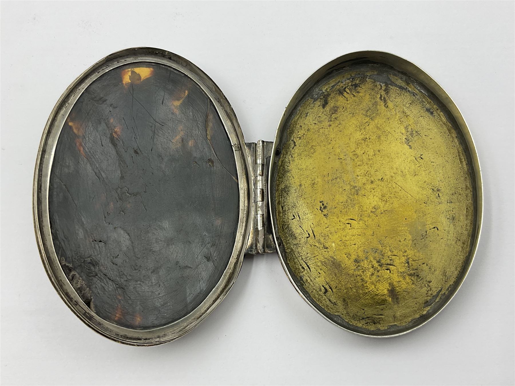 18th century silver plated oval snuff box with tortoiseshell lid inlaid with silver and mother of pearl 