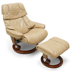 Ekornes - Stressless leather reclining swivel armchair and matching footstool, upholstered...