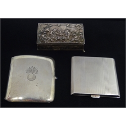  Silver cigarette case with cabachon sapphire catch by Goldsmiths and Silversmiths London London 1916, silver compact (mirror missing) Birmingham 1953 and a Dutch silver three compartment stamp box approx 9oz  