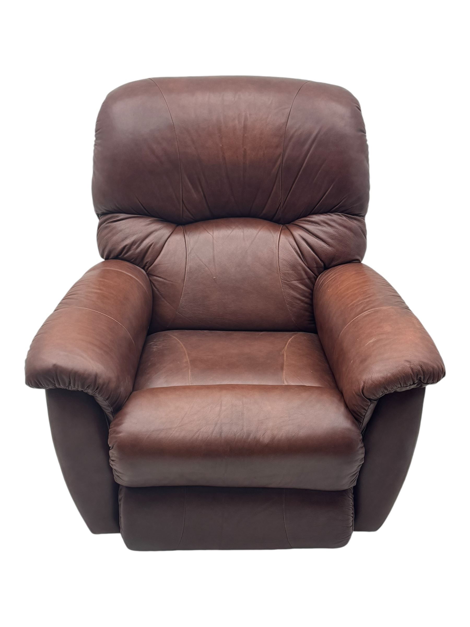 La-Z-Boy - manual reclining three piece suite - two seater sofa (W165cm, H105cm); and two armchairs (W98cm), upholstered in brown leatherette