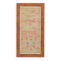 Three framed samples, including 19th century alphabet sampler by Pheobe Bolter aged 9 years, largest H51cm, W26cm 