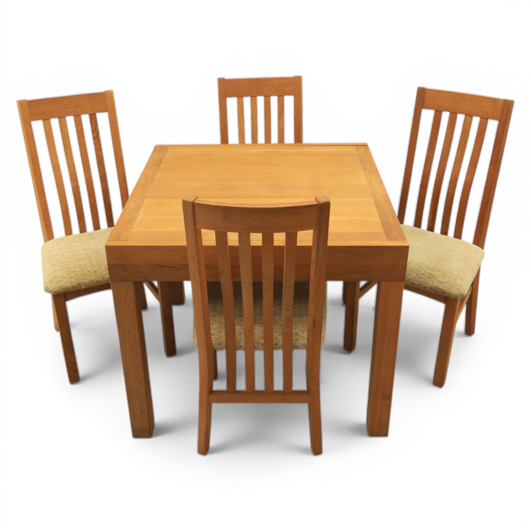 Contemporary square light oak extending dining table, and set of four chairs, table extends to 180cm