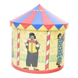 Dennis Chinaworks circus tent jar, designed by Sally Tiffin, the body decorated with clowns, upon a yellow ground, the lid decorated as a circus top, limited edition 12/25, impressed and painted marks beneath 