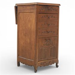 20th century French style oak bedside chest of pedestal form, the top with rounded moulded...