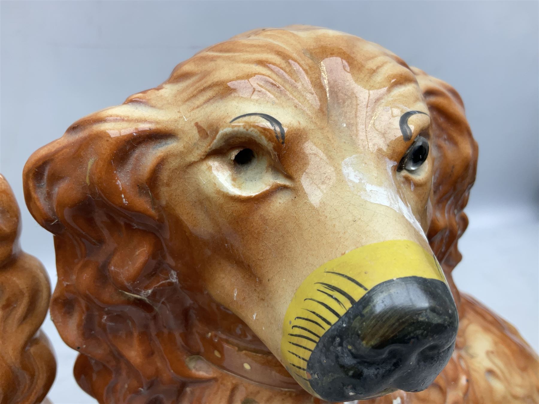 Group of Victorian and later Staffordshire style figures, to include two dogs, Prince upon horse back, horse with pink lustre patches, tall figure of a man beside his dog etc, tallest H41cm