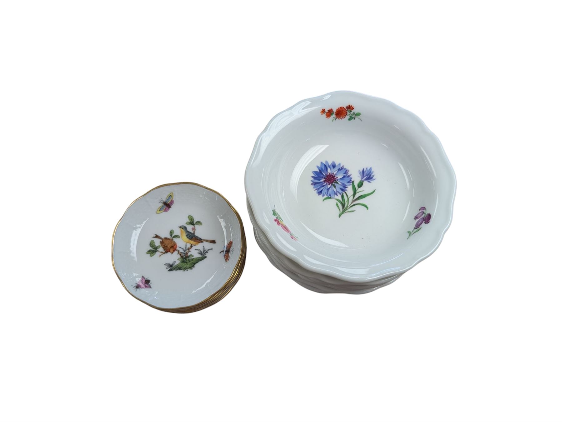 Set of six 20th century small Meissen bowls, each with floral decoration, together with five Herend pin dishes, each decorated with birds