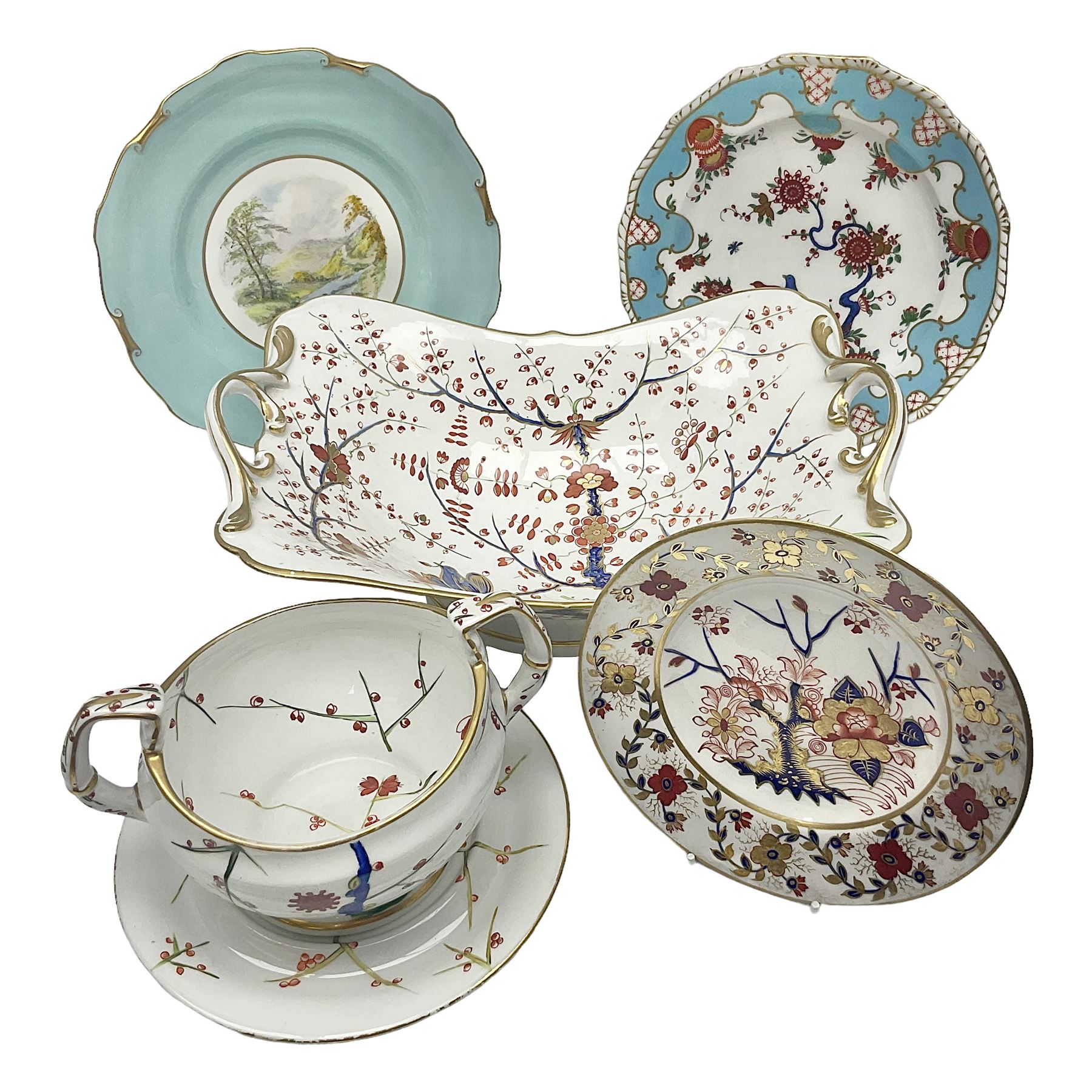 19th century Royal Crown Derby in cherry tree pattern, twin handled sauce dish and saucer and twin handled dish, together with three Royal Crown Derby plates, including one signed WEJ Dean