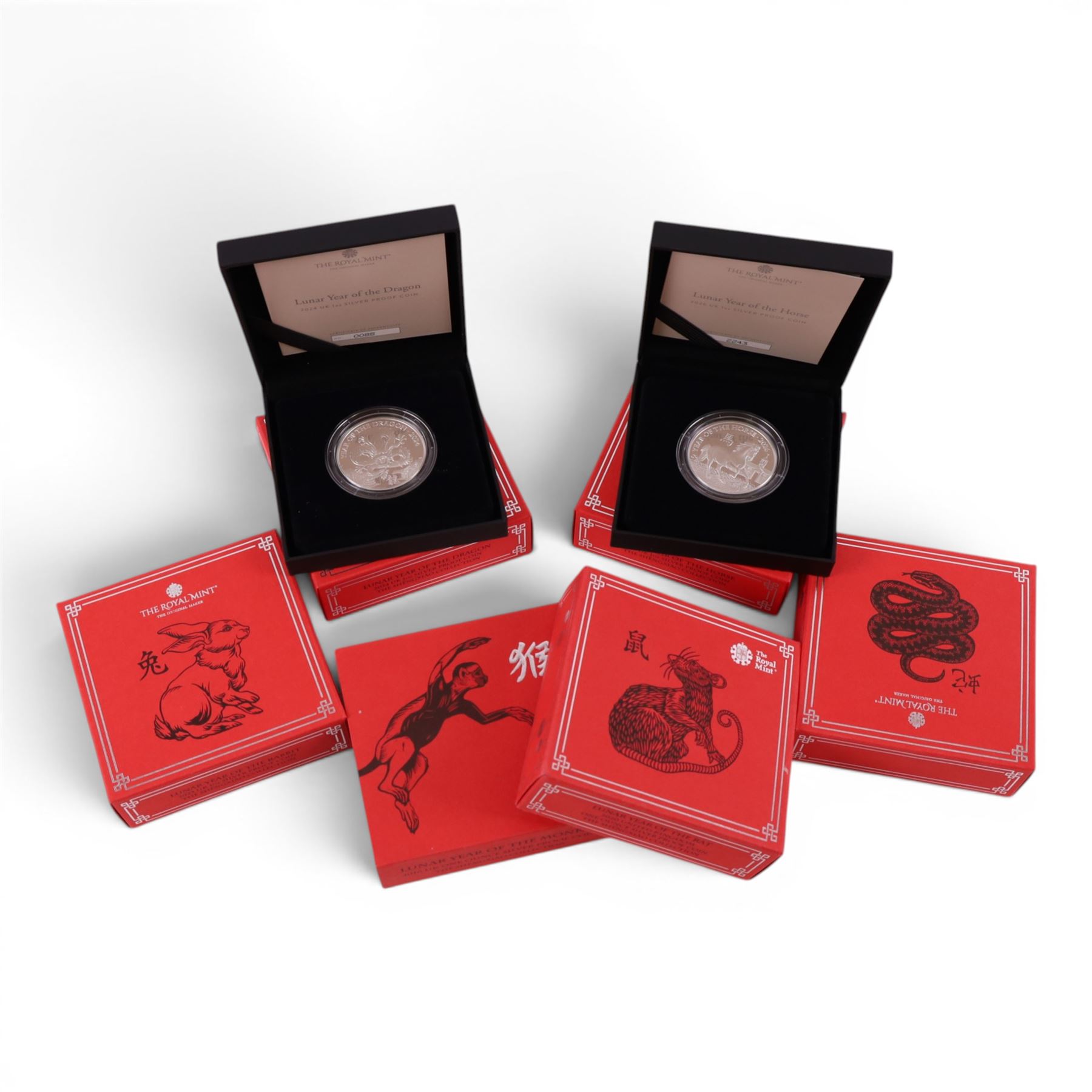 Six The Royal Mint United Kingdom 'Shēngxiào Collection' one ounce fine silver two pound coins, comprising 2016 'Lunar Year of the Monkey', 2020 'Lunar Year of the Rat', 2023 'Lunar Year of the Rabbit', 2024, 'Lunar Year of the Dragon', 2025 'Lunar Year of the Snake', and 0226 'Lunar Year of the Horse', cased with certificates