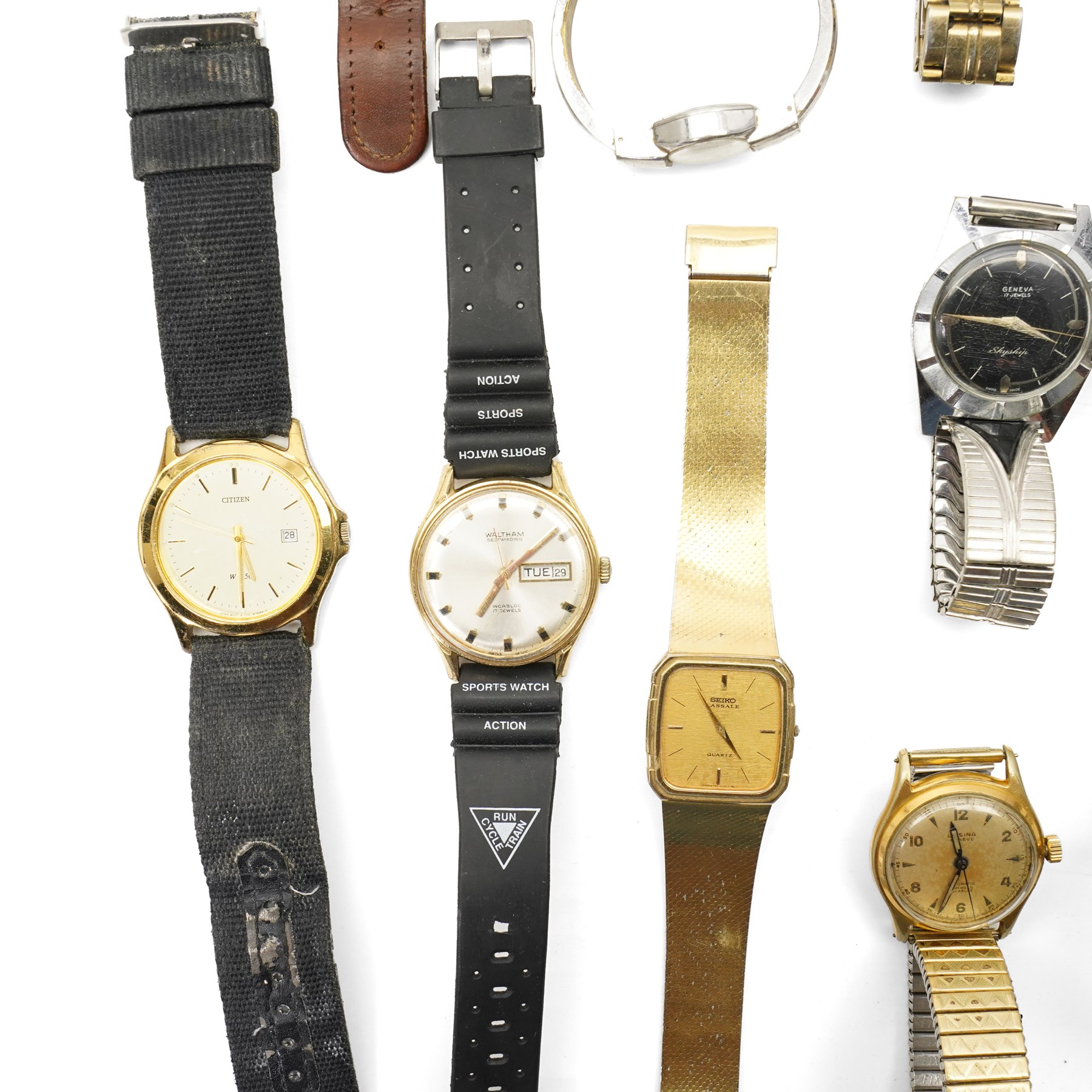 Three automatic wristwatches including Waltham, Lusina and Benrus, manual wind Geneve Skyship and Elgin and other quartz wristwatches including Tissot