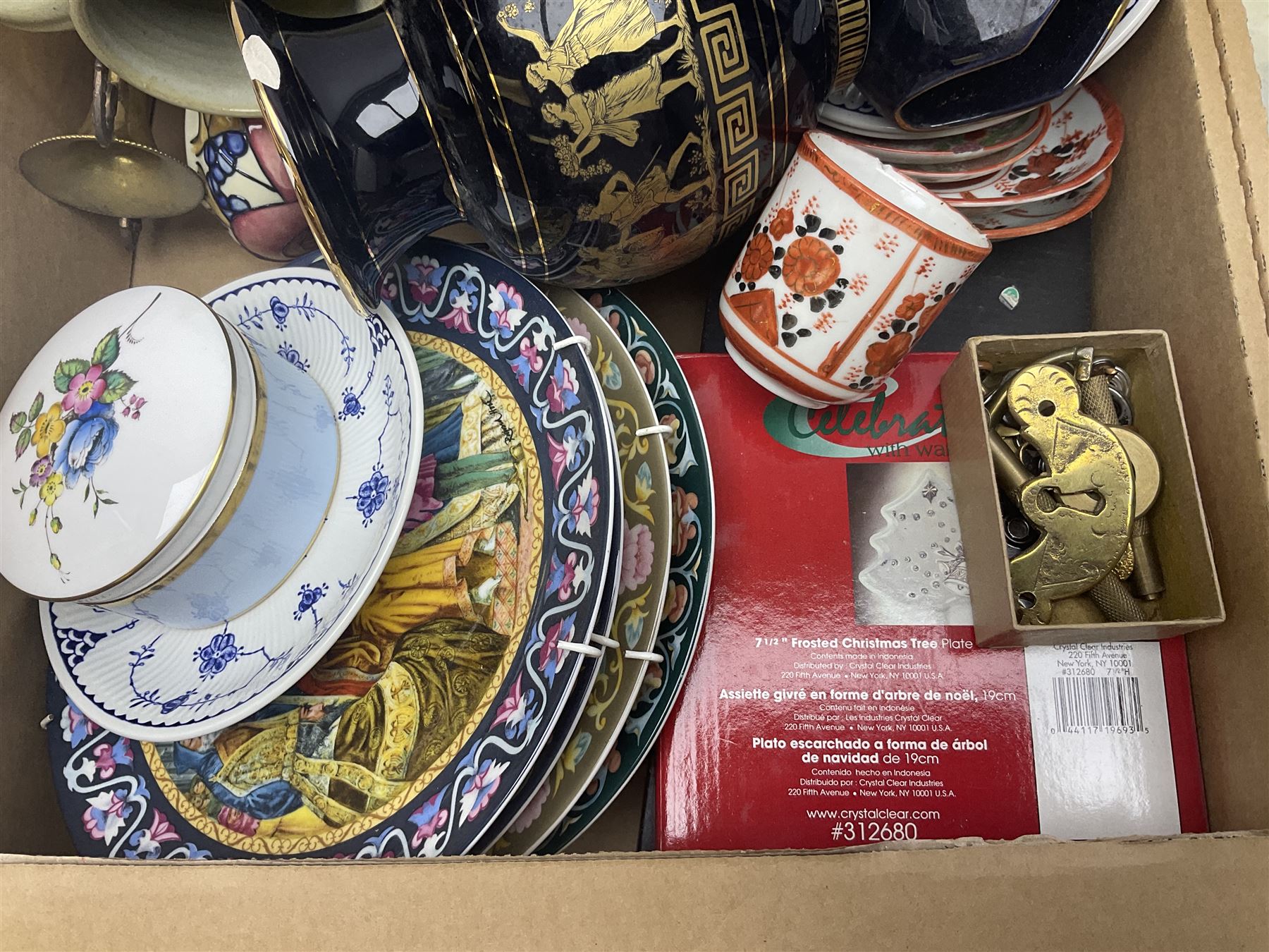 Masons and Furnival Denmark pattern blue and white tea wares, together with a Royal Worcester trinket box, Leedsware bowl and other ceramics and glassware, in four boxes
