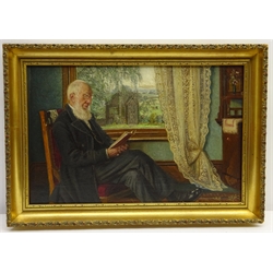  English School (19th/20th century): Elderly Gentleman Reading by a Window at Bubwith East Yorkshire, oil on canvas unsigned 27cm x 42cm Notes: the gentleman is believed to be Reginald William Halifax Smith (resident in 1913) of the Grange, Highfield, Bubwith farmer & breeder of Hackney & Shire horses  