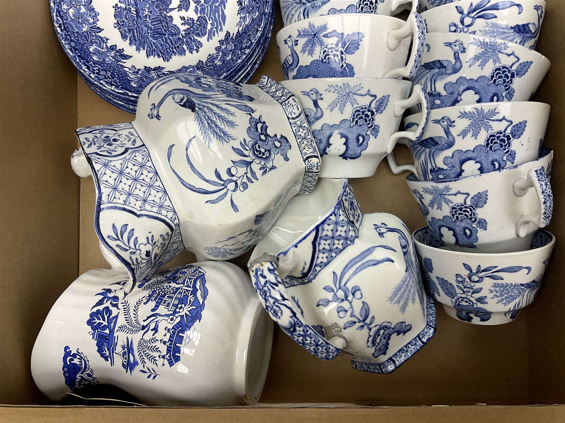 Large collection of blue and white ceramics, to include Spode Italian pattern with blue mark, Wood and Sons Yuan, pickle dish, Delft style etc, dinner plates, tea wares, bowls etc in six boxes