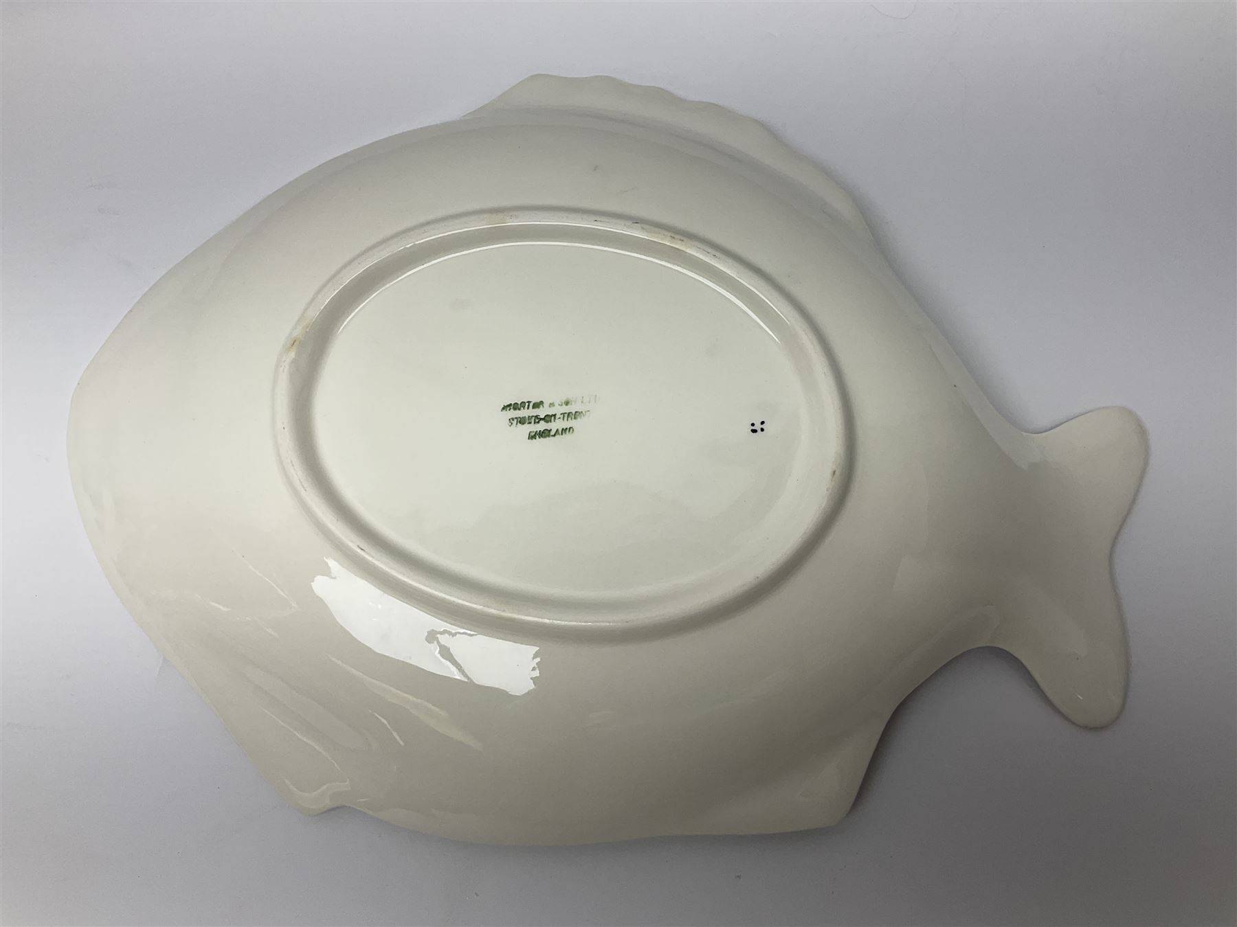 Shorter & Son six fish plates, together with a larger platter and sauce boat and saucer, all with stamped marks beneath