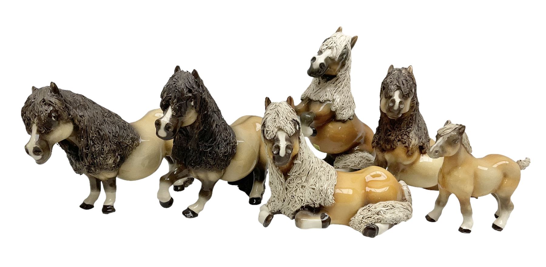 Set of six Cheval comical horse figures, modelled as Shetland ponies with spaghetti manes to include Palomino examples, all with Cheval Made in U.S.A stickers