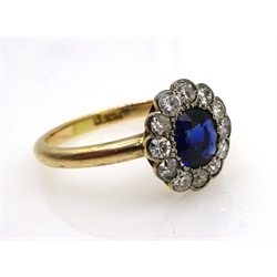  Art Deco gold oval sapphire and old cut diamond cluster ring, c.1920's, stamped 18ct   