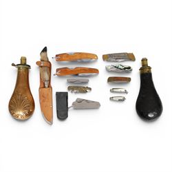 Two James Dixon & Sons powder flasks, together with a collection of pen knives  